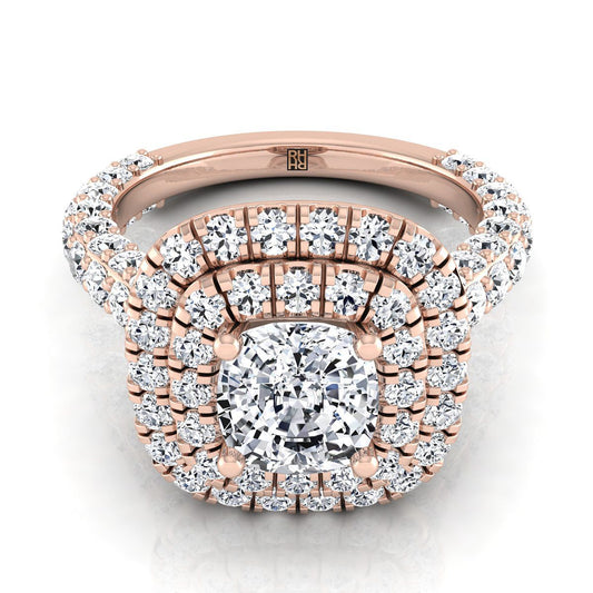 14K Rose Gold Cushion Diamond Bold and Fancy Double Halo French Pave Engagement Ring -2ctw