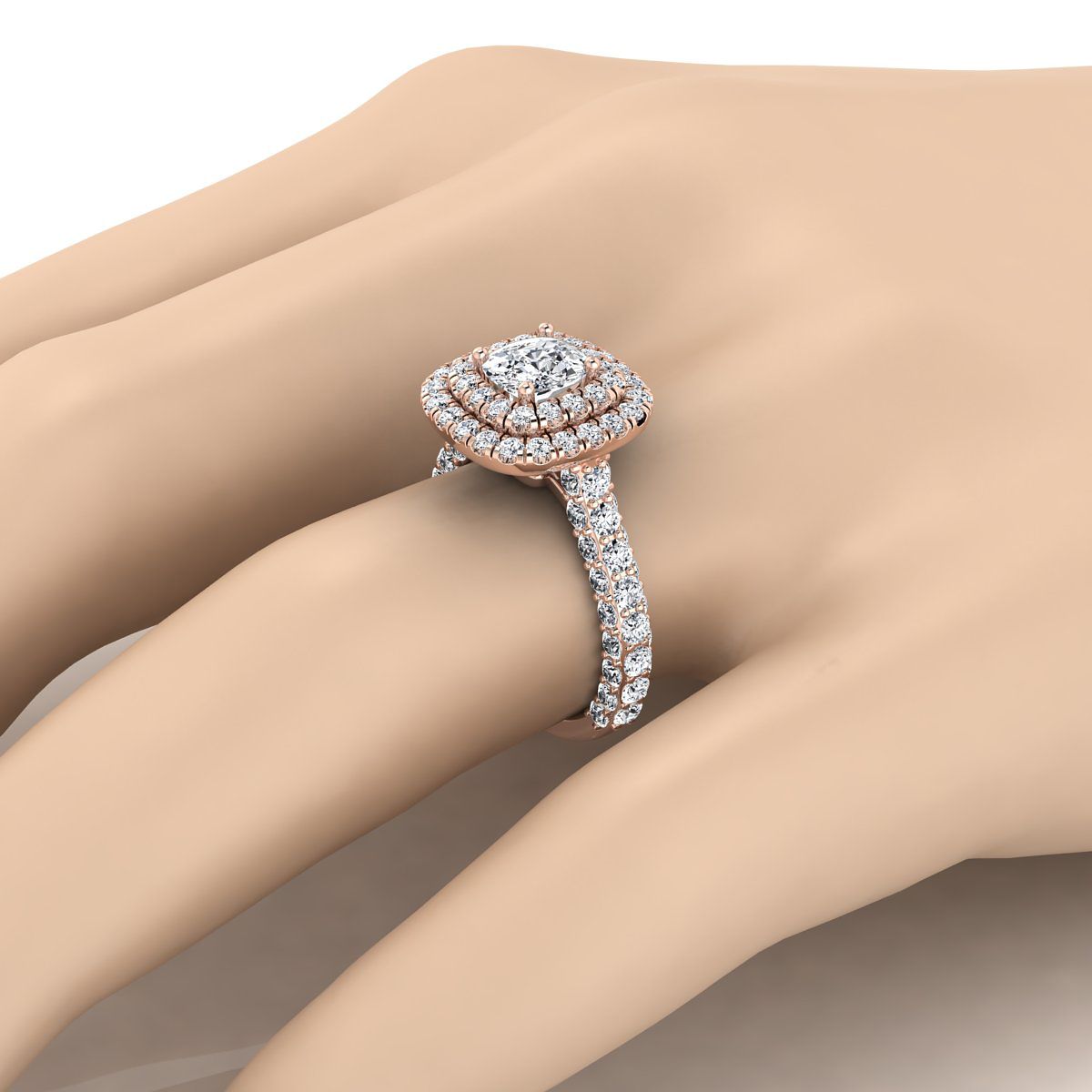 14K Rose Gold Cushion Diamond Bold and Fancy Double Halo French Pave Engagement Ring -2ctw