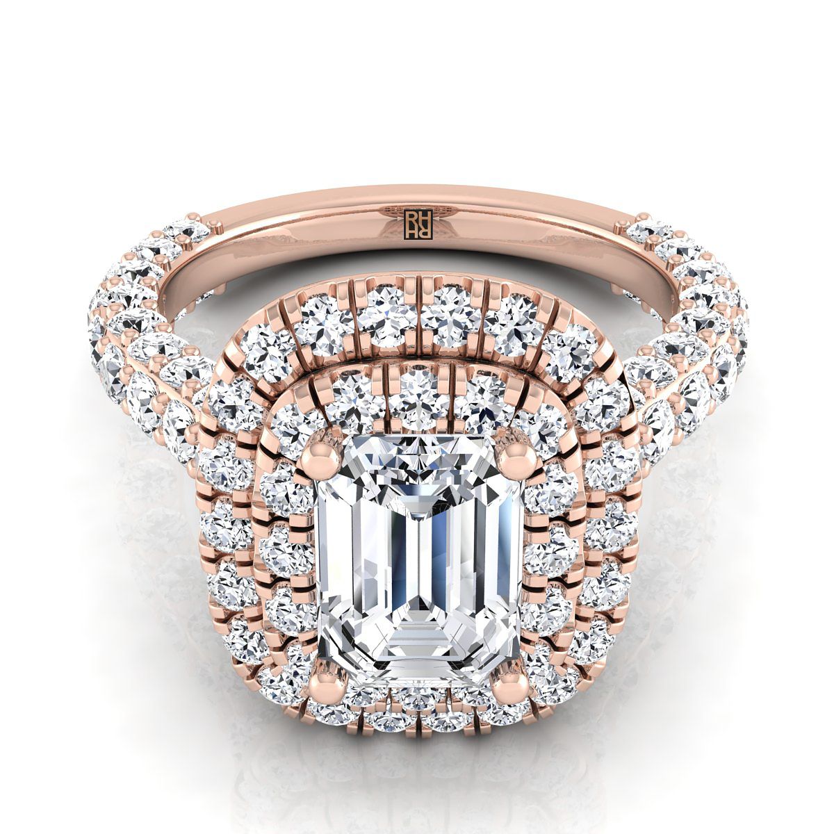 14K Rose Gold Emerald Cut Diamond Bold and Fancy Double Halo French Pave Engagement Ring -2ctw