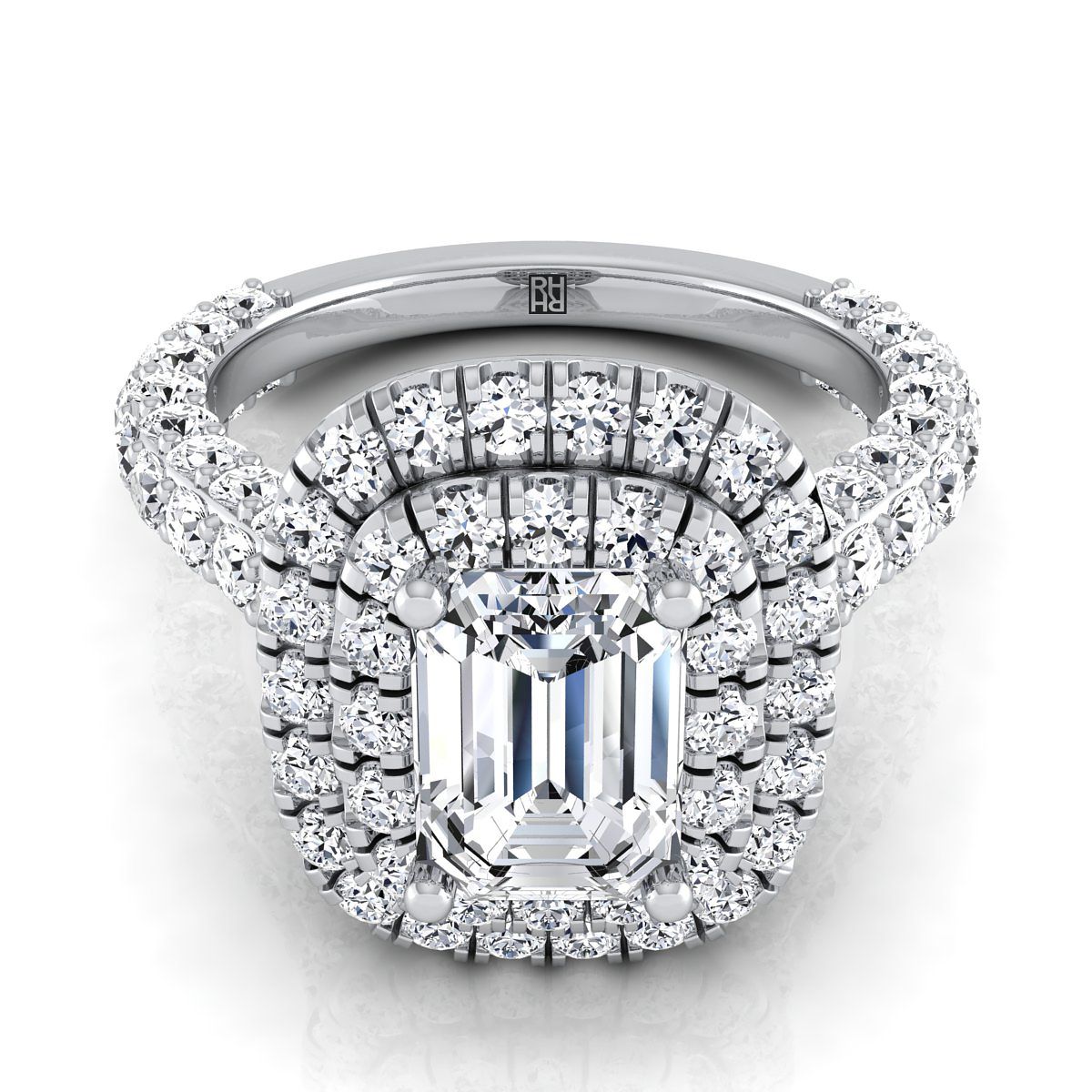 14K White Gold Emerald Cut Diamond Bold and Fancy Double Halo French Pave Engagement Ring -2ctw