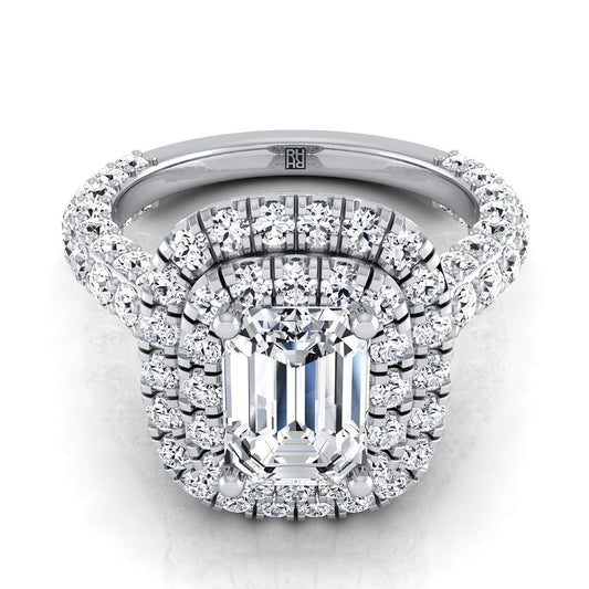 Platinum Emerald Cut Diamond Bold and Fancy Double Halo French Pave Engagement Ring -2ctw