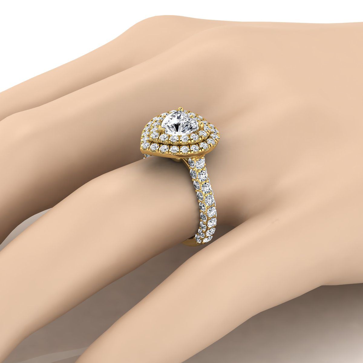 14K Yellow Gold Heart Shape Center Diamond Bold and Fancy Double Halo French Pave Engagement Ring -2ctw