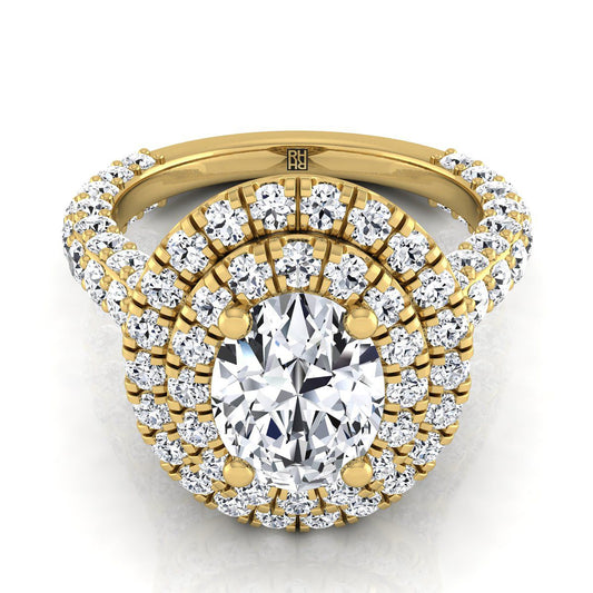 18K Yellow Gold Oval Diamond Bold and Fancy Double Halo French Pave Engagement Ring -2ctw