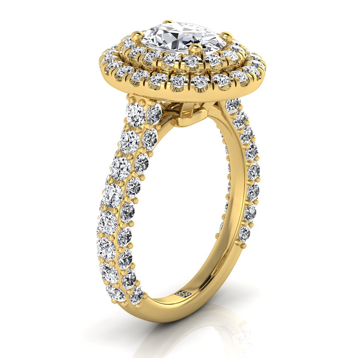 14K Yellow Gold Oval Diamond Bold and Fancy Double Halo French Pave Engagement Ring -2ctw