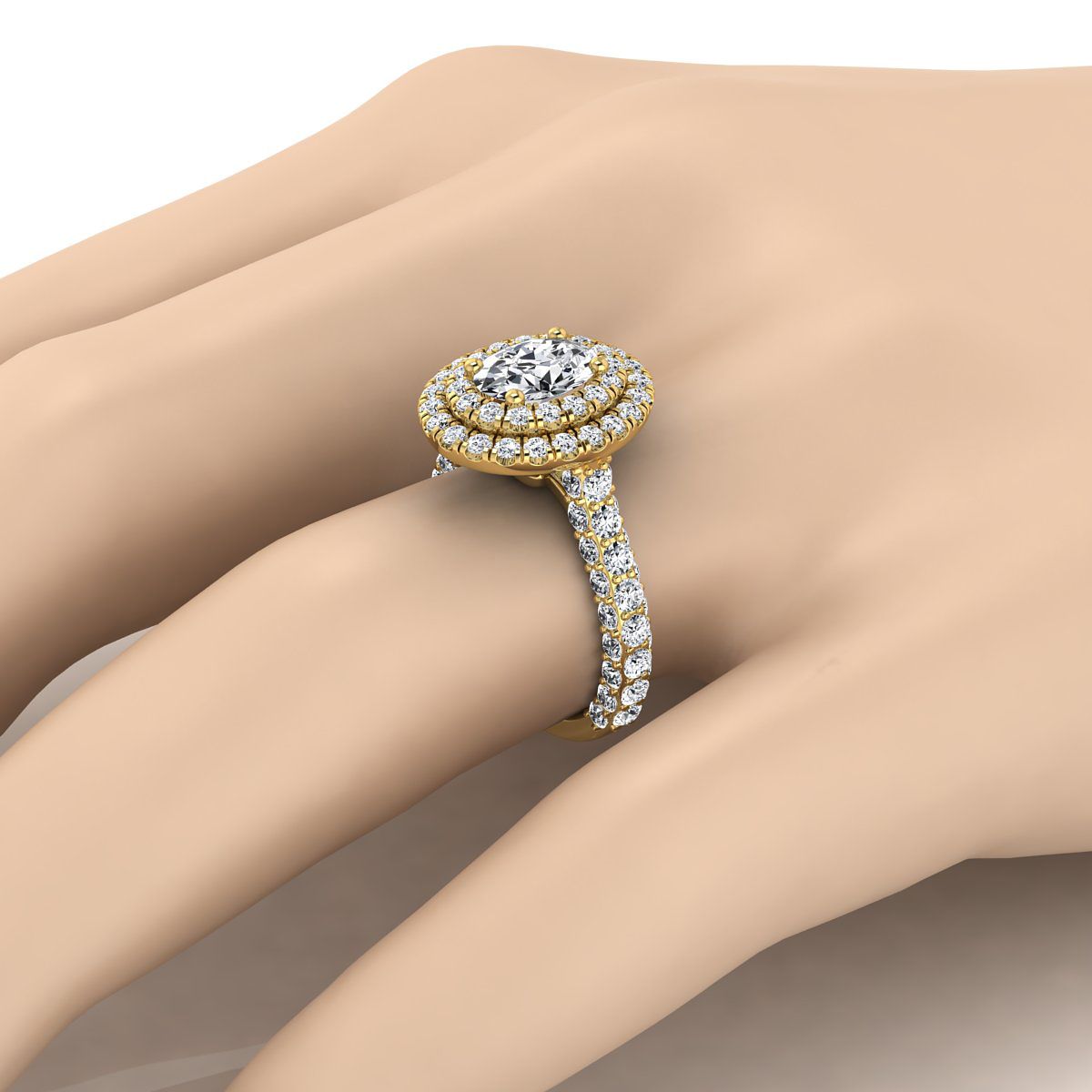 14K Yellow Gold Oval Diamond Bold and Fancy Double Halo French Pave Engagement Ring -2ctw