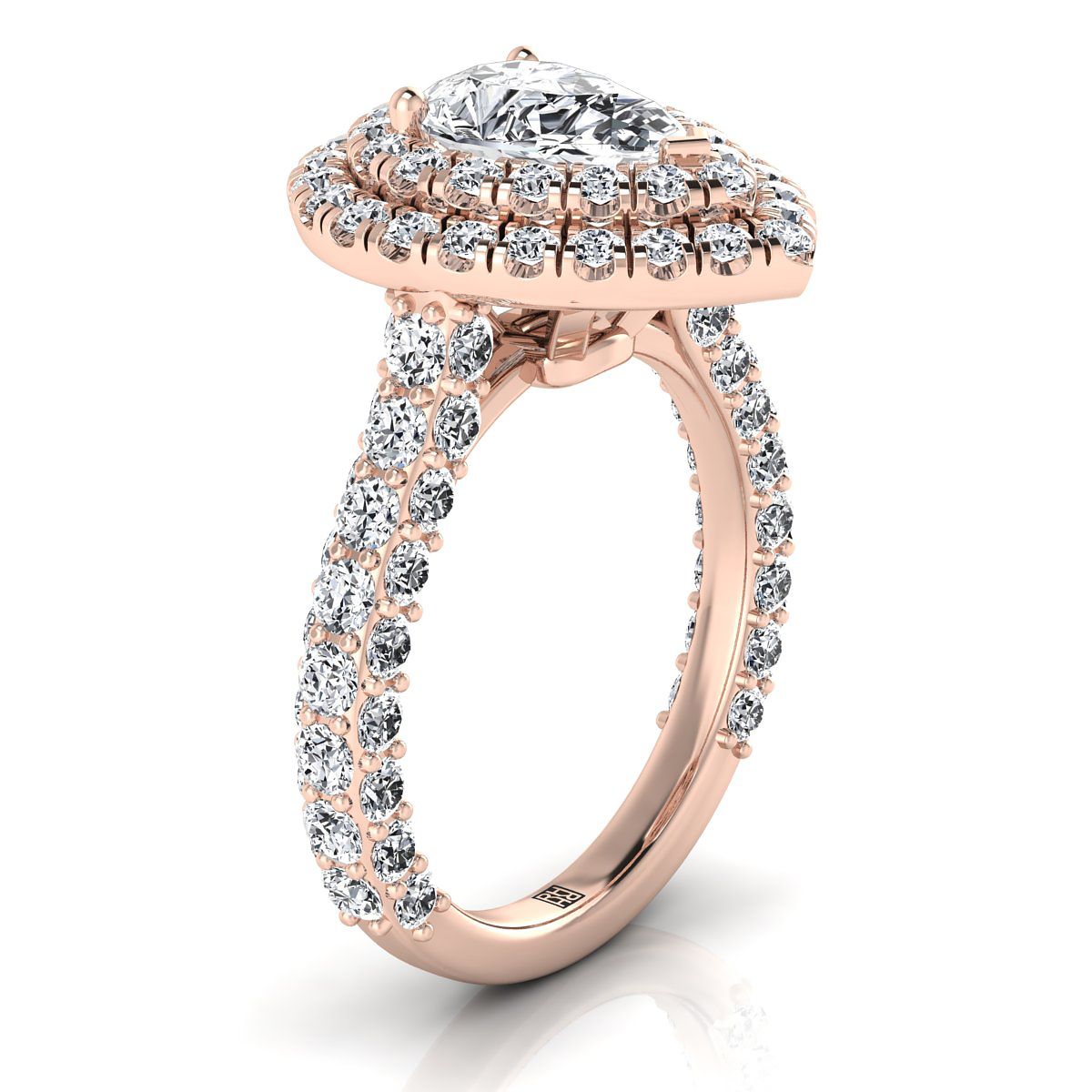 14K Rose Gold Pear Shape Center Diamond Bold and Fancy Double Halo French Pave Engagement Ring -2ctw