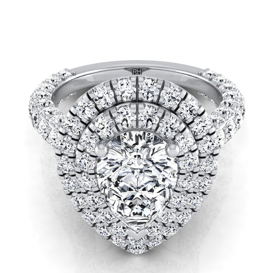 Platinum Pear Shape Center Diamond Bold and Fancy Double Halo French Pave Engagement Ring -2ctw