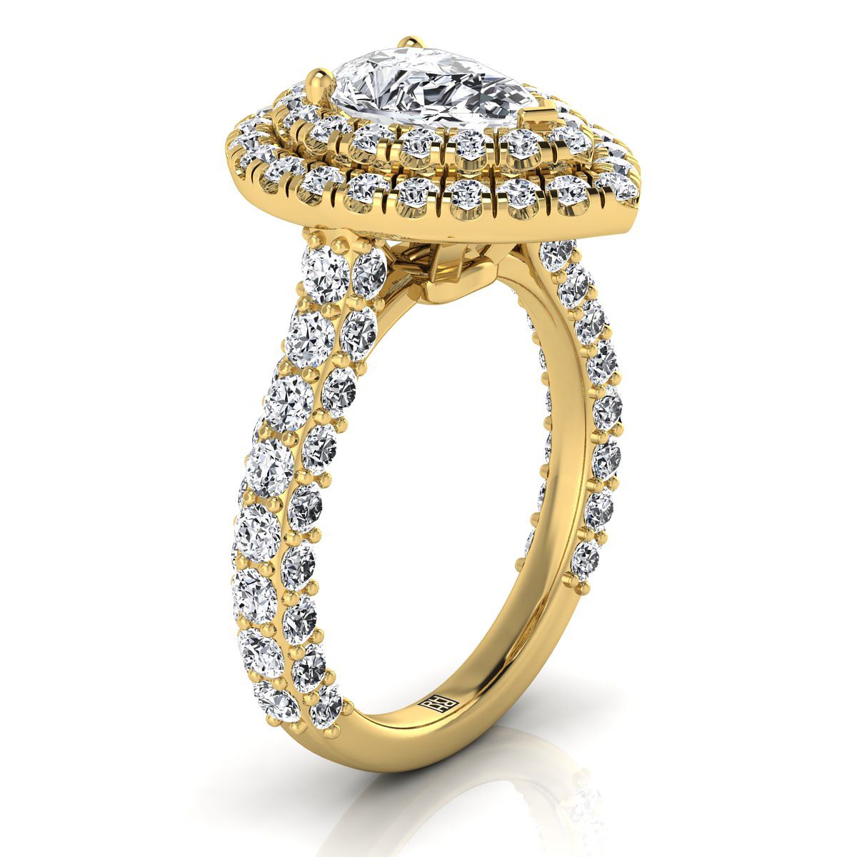 18K Yellow Gold Pear Shape Center Diamond Bold and Fancy Double Halo French Pave Engagement Ring -2ctw