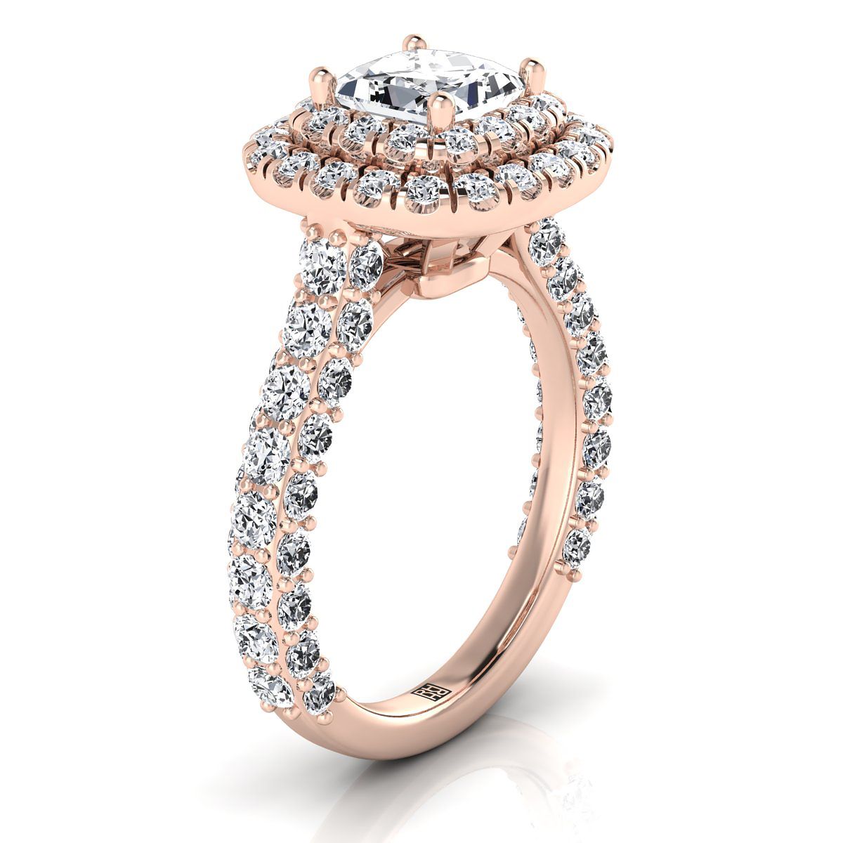 แหวนหมั้นเพชรทรง Princess Cut 14K Rose Gold ทรงหนาและแฟนซี Double Halo French Pave -2 กะรัต