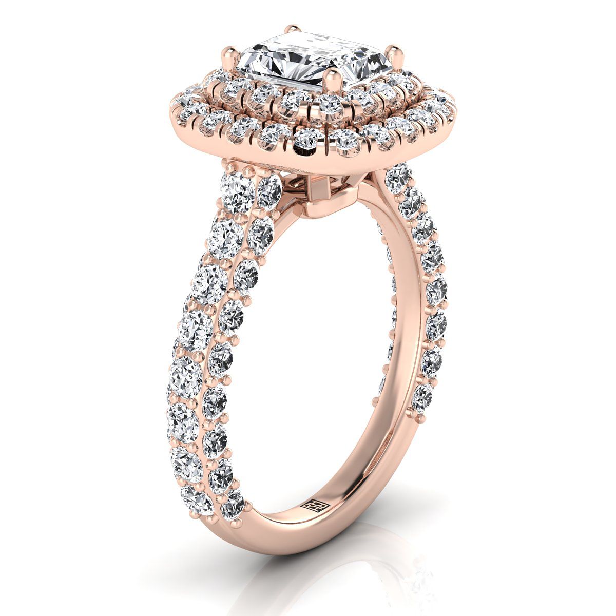 14K Rose Gold Radiant Cut Center Diamond Bold and Fancy Double Halo French Pave Engagement Ring -2ctw