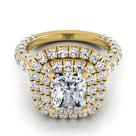 14K Yellow Gold Radiant Cut Center Diamond Bold and Fancy Double Halo French Pave Engagement Ring -2ctw