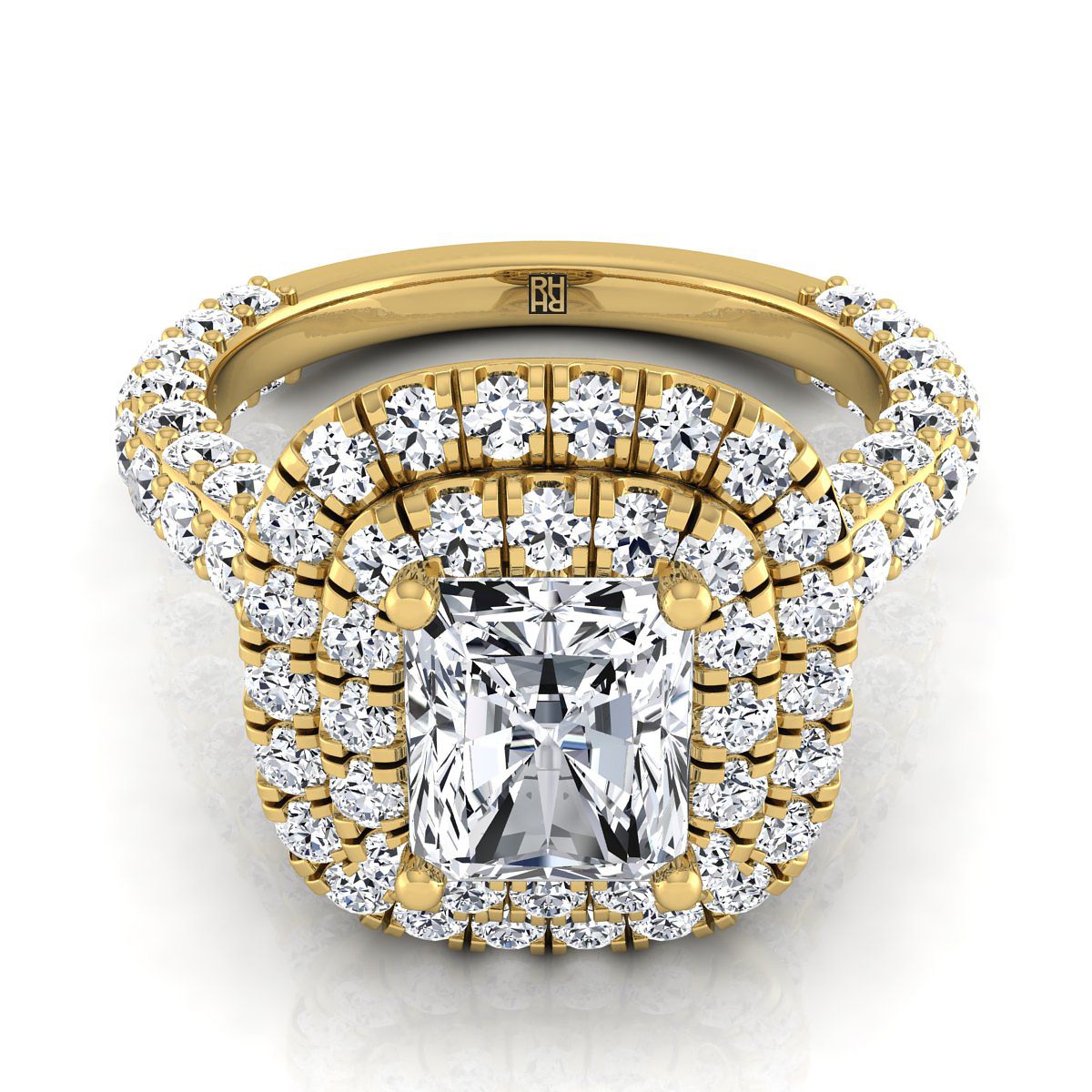 18K Yellow Gold Radiant Cut Center Diamond Bold and Fancy Double Halo French Pave Engagement Ring -2ctw