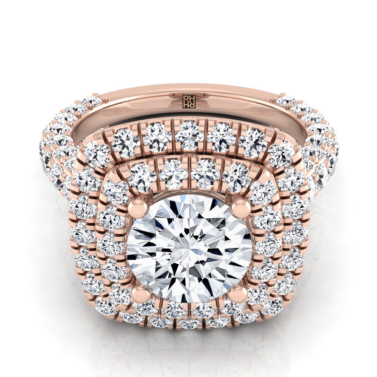 14K Rose Gold Round Brilliant Diamond Bold and Fancy Double Halo French Pave Engagement Ring -2ctw