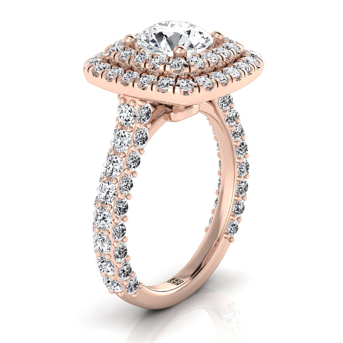 14K Rose Gold Round Brilliant Diamond Bold and Fancy Double Halo French Pave Engagement Ring -2ctw