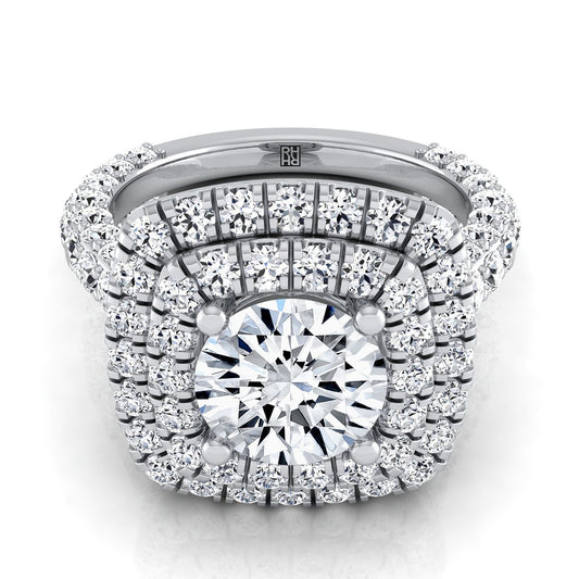 18K White Gold Round Brilliant Diamond Bold and Fancy Double Halo French Pave Engagement Ring -2ctw