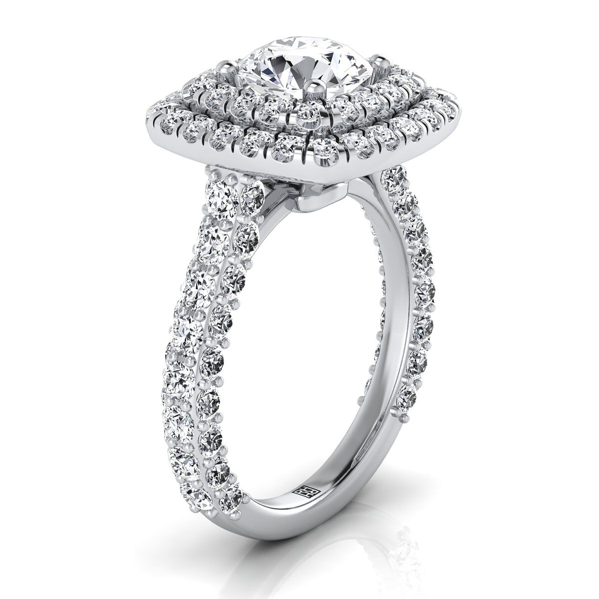 14K White Gold Round Brilliant Diamond Bold and Fancy Double Halo French Pave Engagement Ring -2ctw