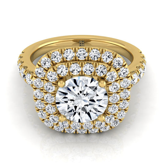 14K Yellow Gold Round Brilliant Diamond Double Halo French Pave Engagement Ring -1.00ctw