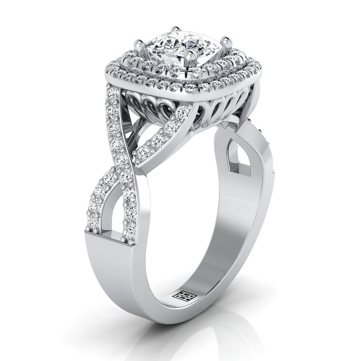 Platinum Cushion Diamond Twist French Pave Double Halo Diamond Engagement Ring -5/8ctw