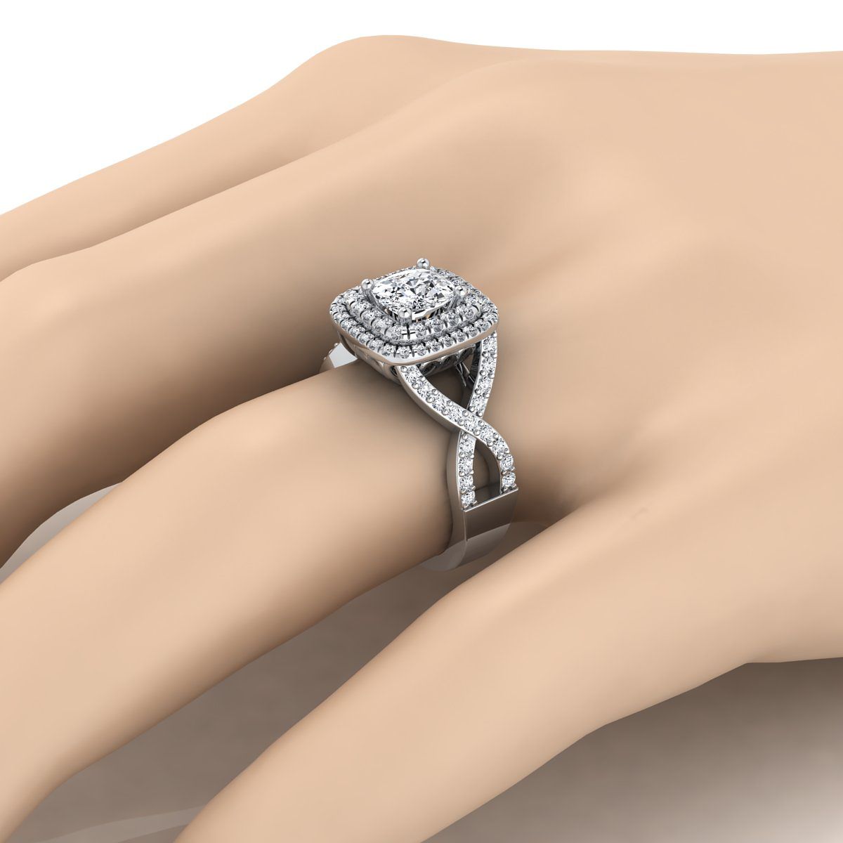 14K White Gold Cushion Diamond Twist French Pave Double Halo Diamond Engagement Ring -5/8ctw