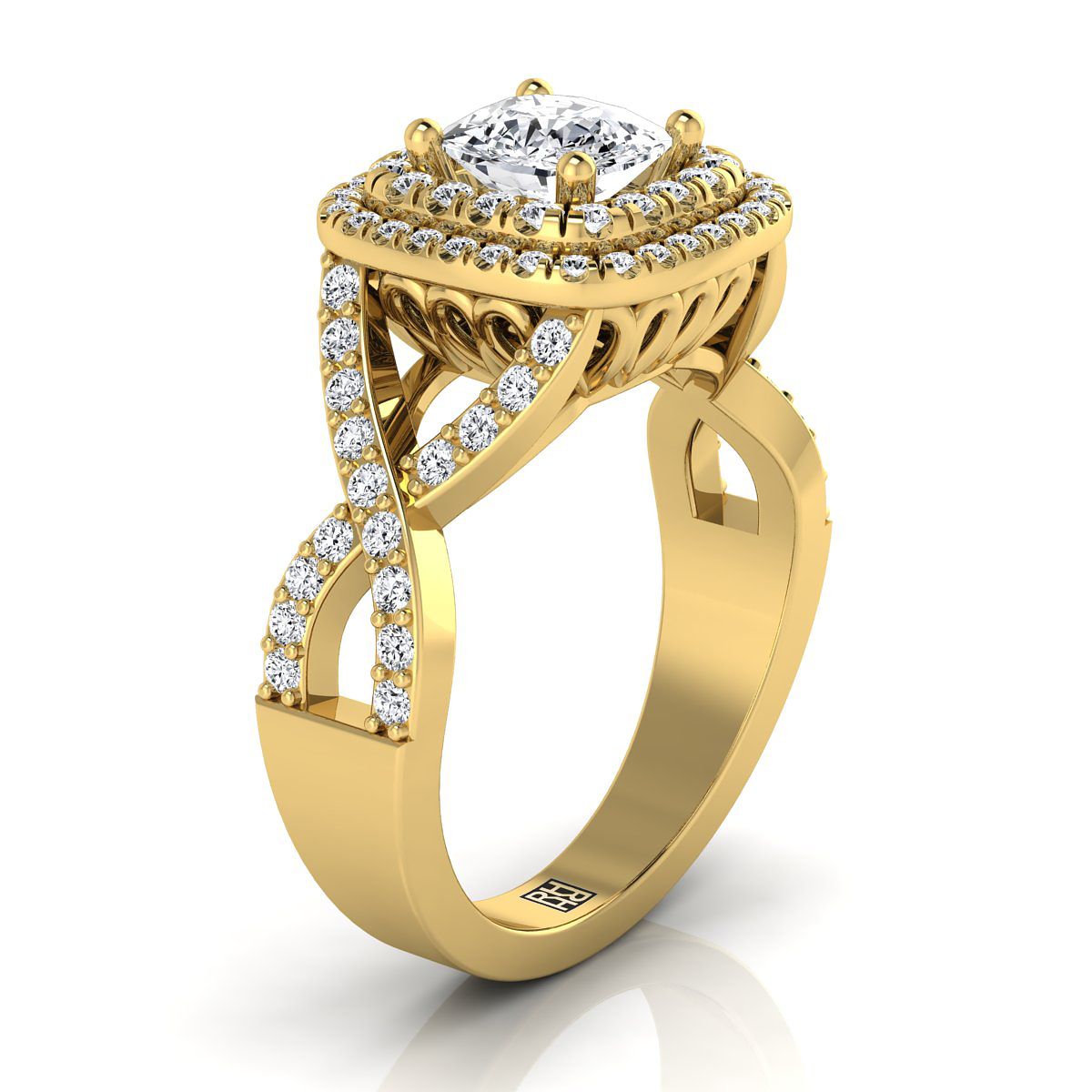 14K Yellow Gold Cushion Diamond Twist French Pave Double Halo Diamond Engagement Ring -5/8ctw