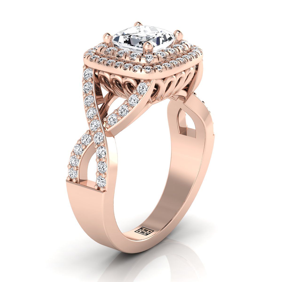 14K Rose Gold Princess Cut Diamond Twist French Pave Double Halo Diamond Engagement Ring -1/2ctw