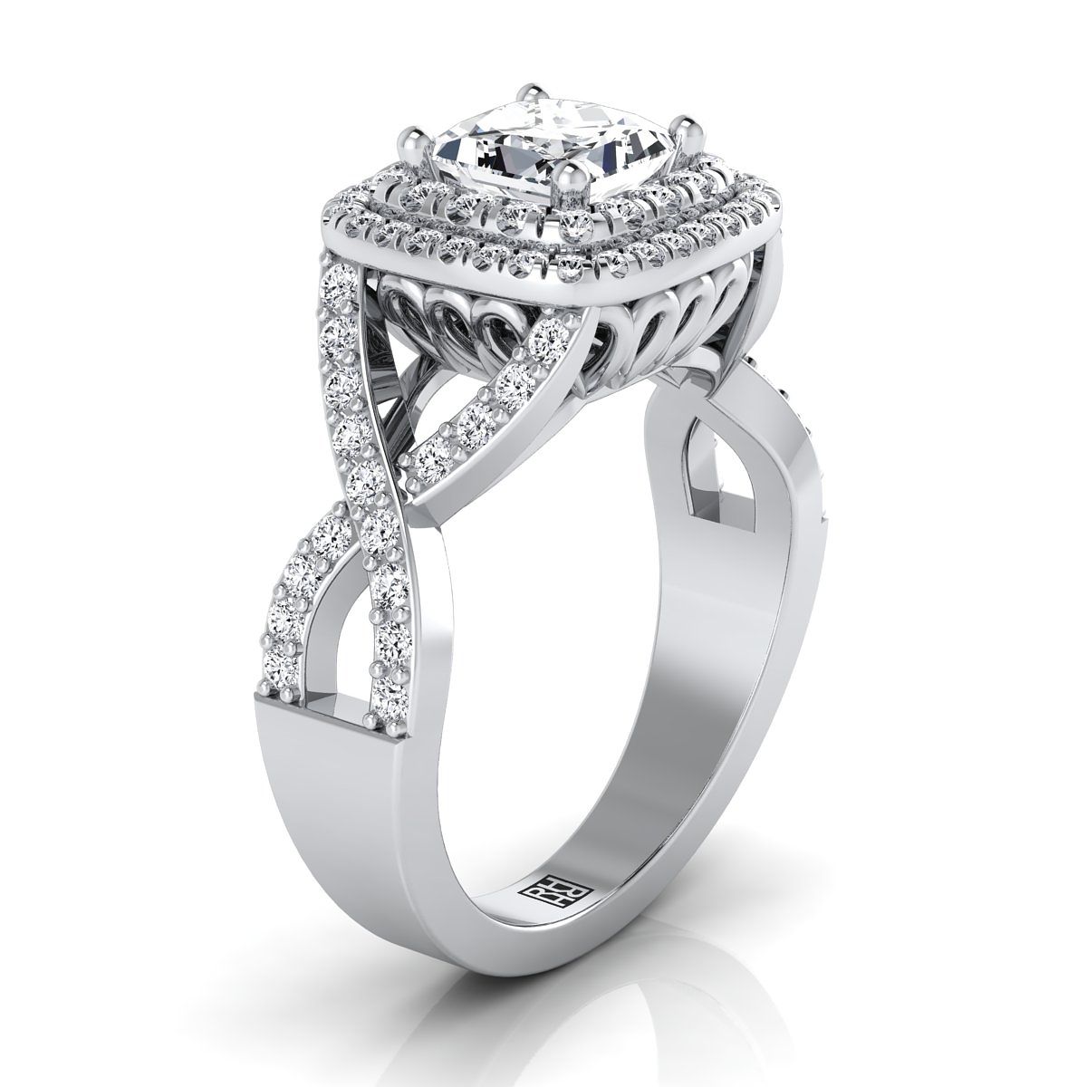 14K White Gold Princess Cut Diamond Twist French Pave Double Halo Diamond Engagement Ring -1/2ctw