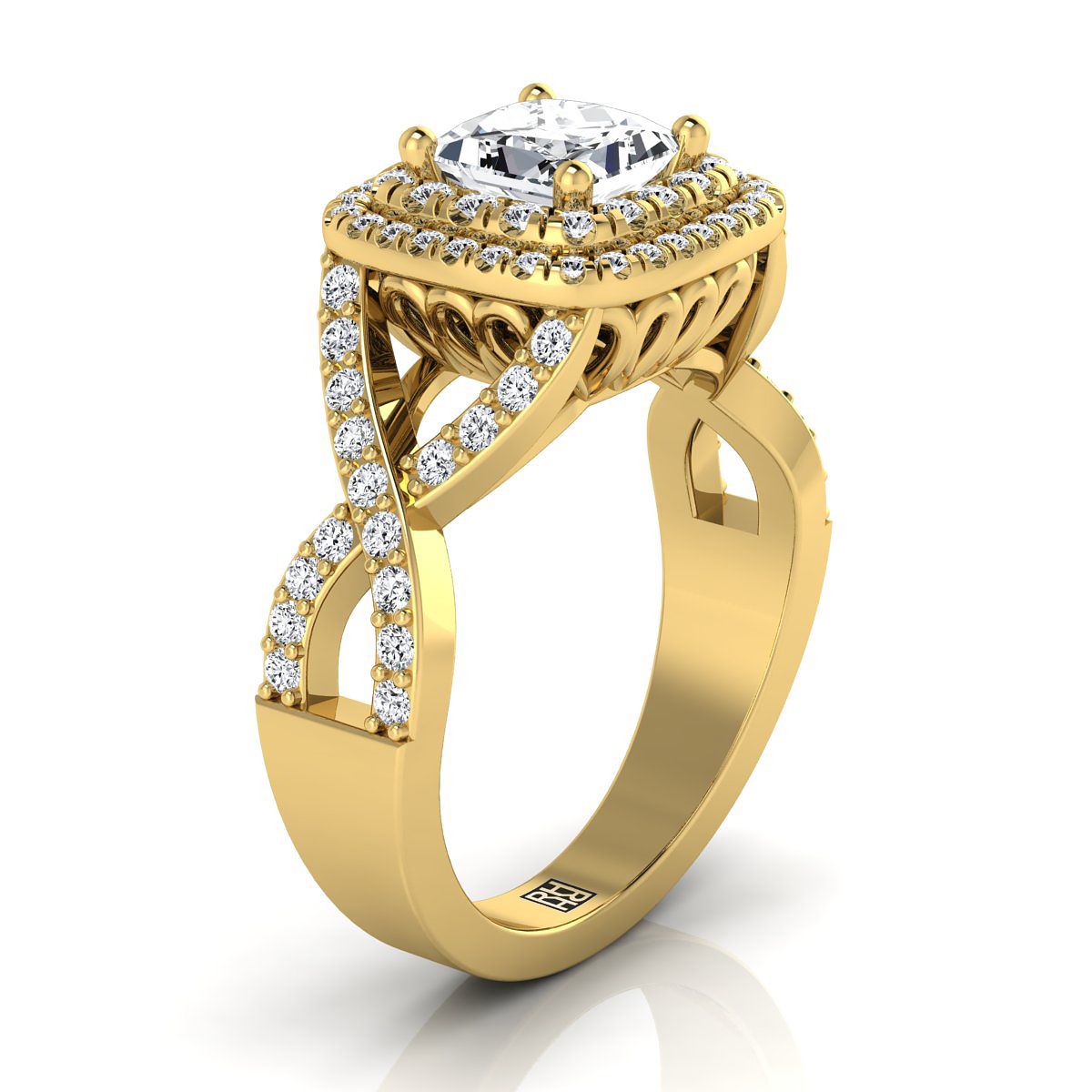 14K Yellow Gold Princess Cut Diamond Twist French Pave Double Halo Diamond Engagement Ring -1/2ctw