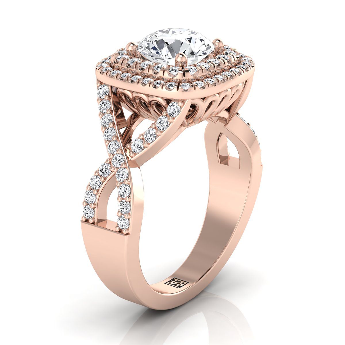 14K Rose Gold Round Brilliant Diamond Twist French Pave Double Halo Diamond Engagement Ring -5/8ctw