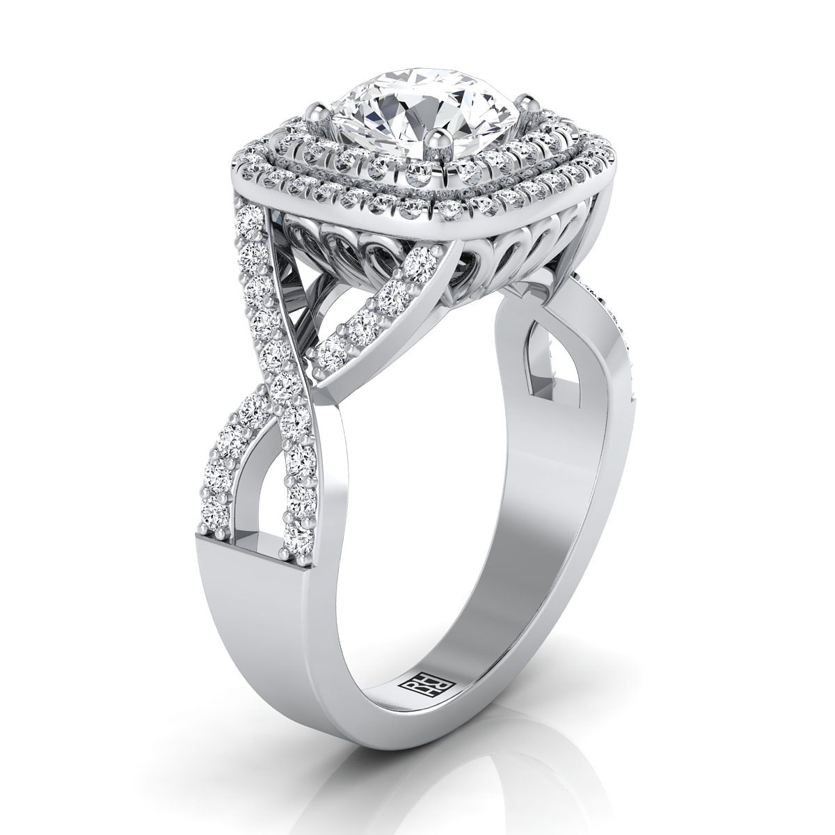 Platinum Round Brilliant Diamond Twist French Pave Double Halo Diamond Engagement Ring -5/8ctw