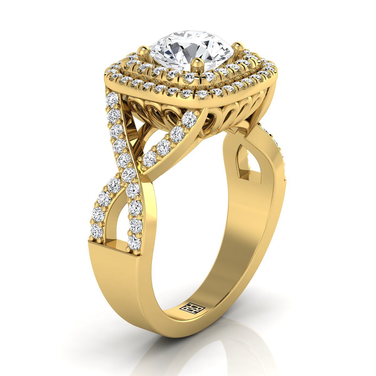 18K สีเหลืองทอง Round Brilliant Diamond Twist French Pave Double Halo แหวนหมั้นเพชร -5/8ctw