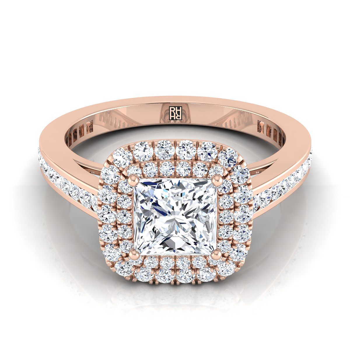 แหวนหมั้นเพชร 14K Rose Gold Princess Cut Double Halo Channel -5/8ctw