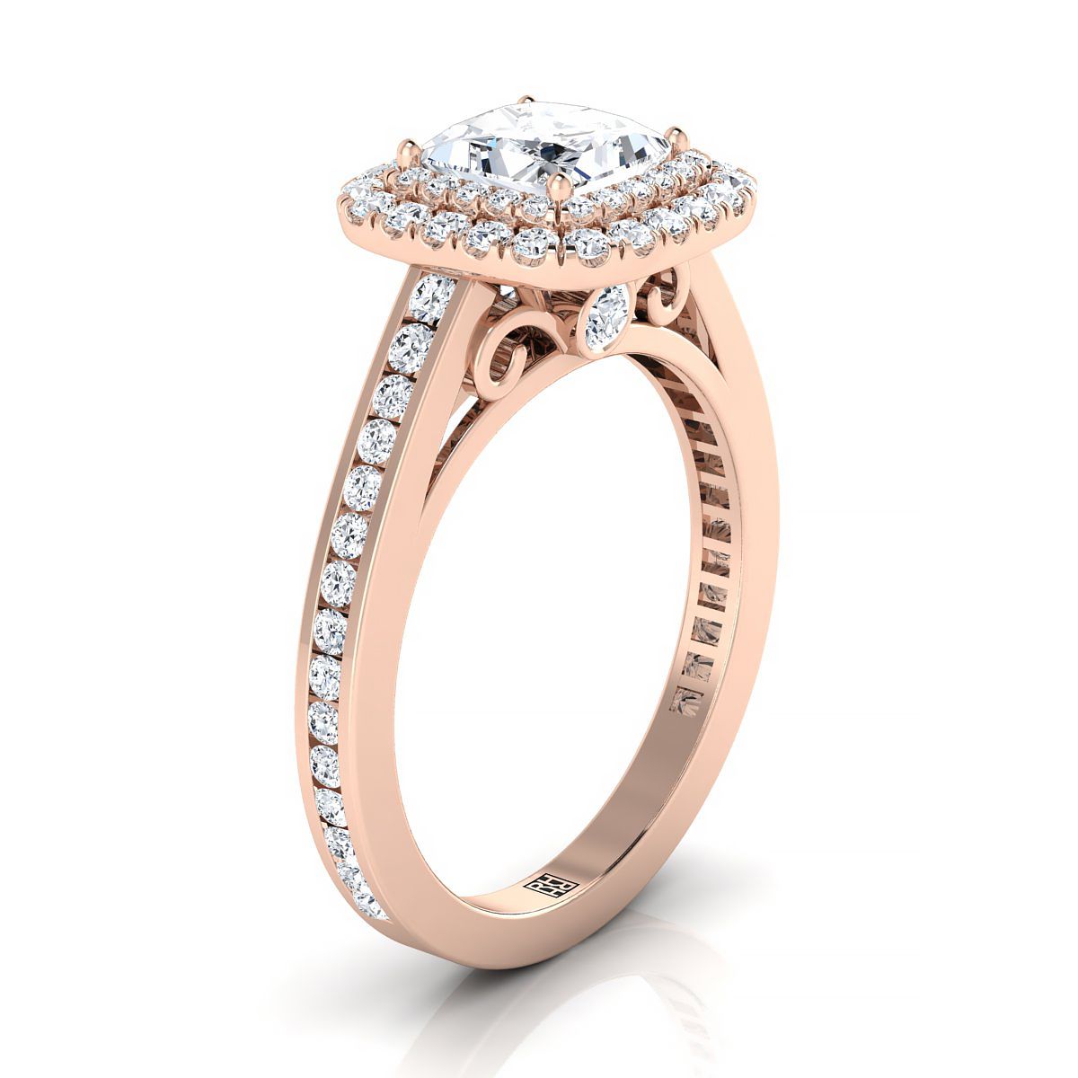 แหวนหมั้นเพชร 14K Rose Gold Princess Cut Double Halo Channel -5/8ctw