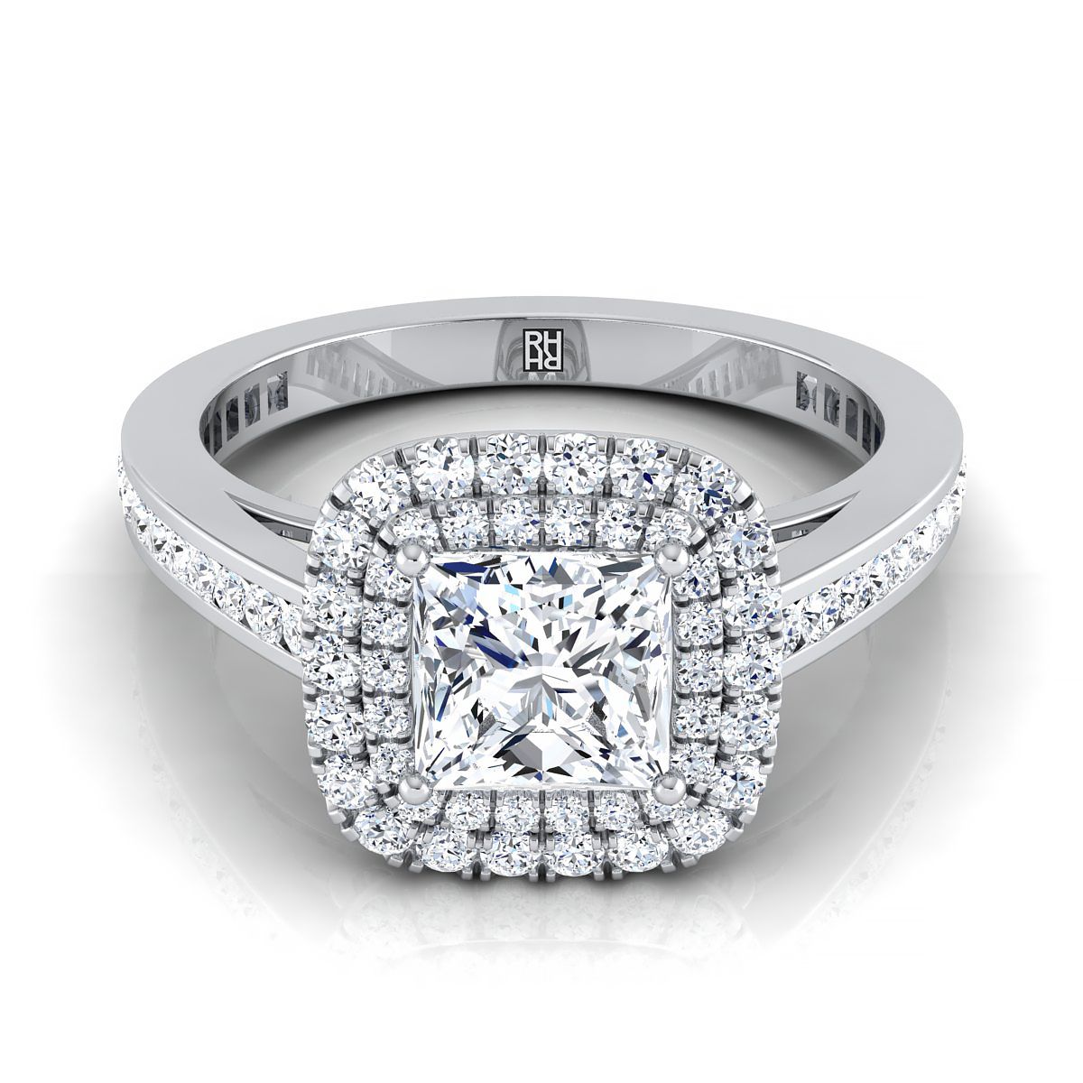 แหวนหมั้นเพชร 14K White Gold Princess Cut Diamond Double Halo Channel Side -5/8ctw