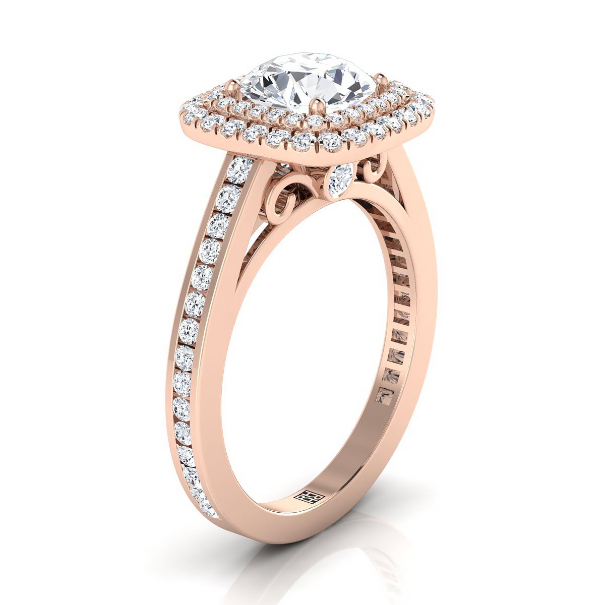 แหวนหมั้นเพชร 14K Rose Gold Round Brilliant Double Halo Channel -5/8ctw