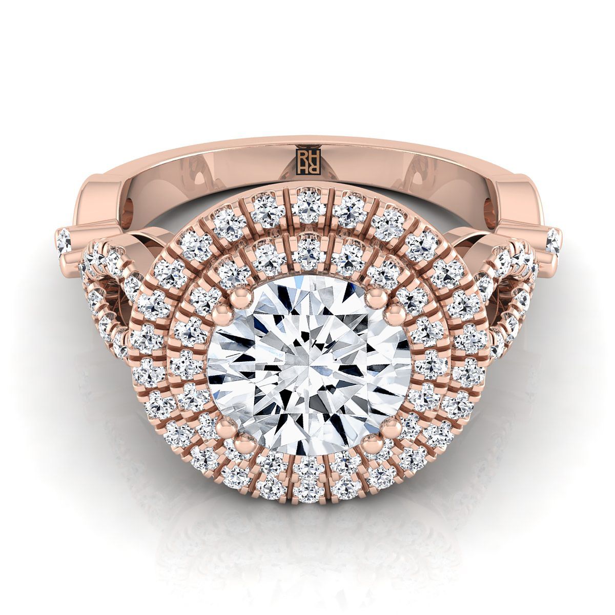 14K Rose Gold Round Brilliant Diamond Scalloped Pavé Open Side Double Halo Diamond Engagement Ring -1/2ctw