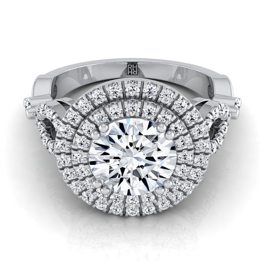 Platinum Round Brilliant Diamond Scalloped Pavé Open Side Double Halo Diamond Engagement Ring -1/2ctw