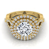 14K สีเหลืองทอง Round Brilliant Diamond Scalloped Pavé เปิดด้านข้าง Double Halo แหวนหมั้นเพชร -1/2ctw