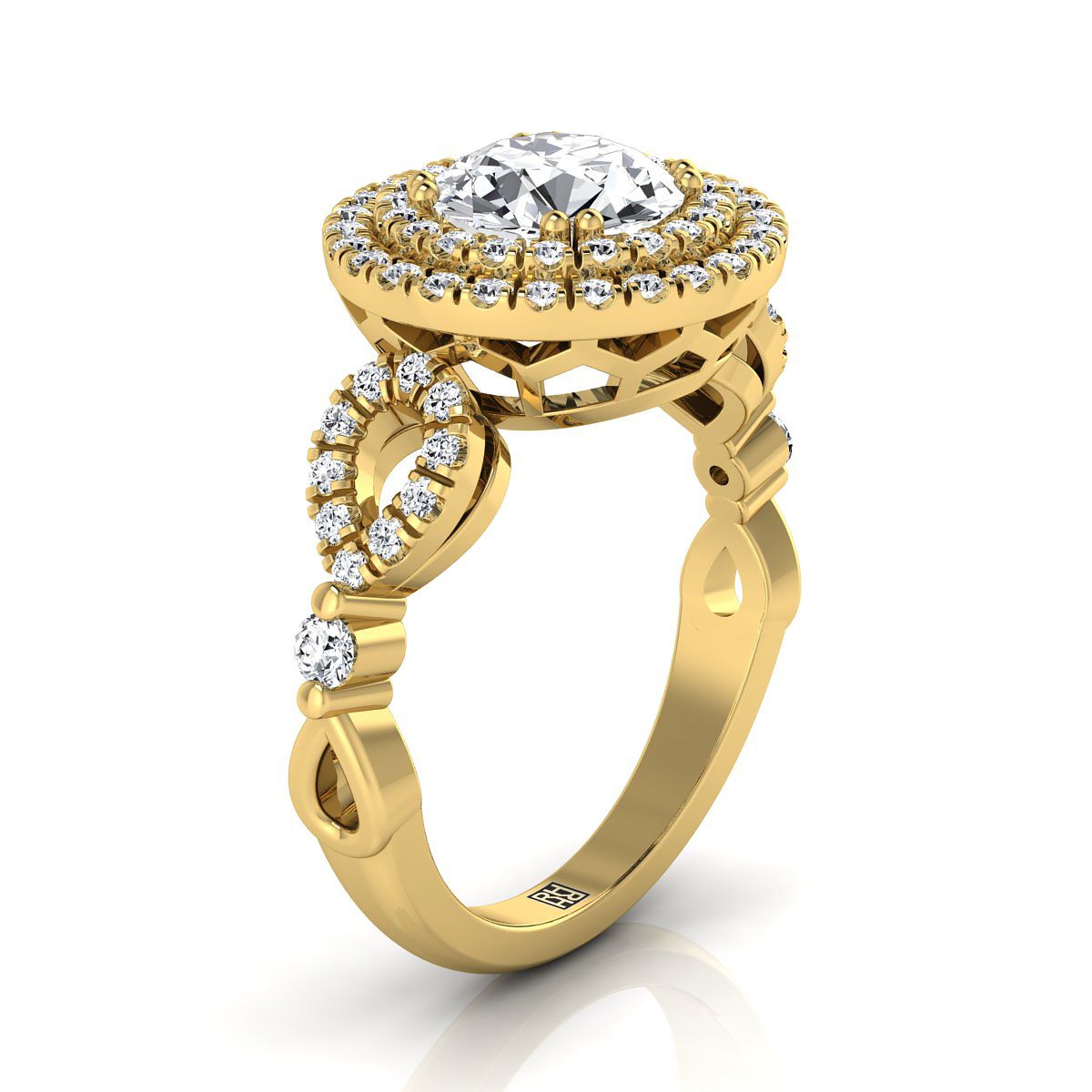 14K สีเหลืองทอง Round Brilliant Diamond Scalloped Pavé เปิดด้านข้าง Double Halo แหวนหมั้นเพชร -1/2ctw