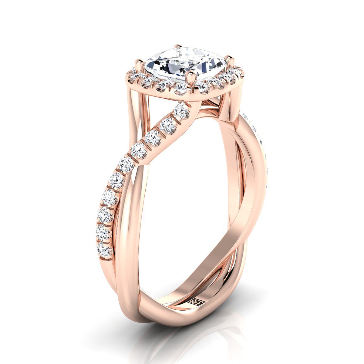 14K Rose Gold Princess Cut Diamond Twisted Scalloped Pavé Halo Center Engagement Ring -3/8ctw