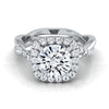 Platinum Round Brilliant Diamond Twisted Scalloped Pavé Halo Center Engagement Ring -3/8ctw