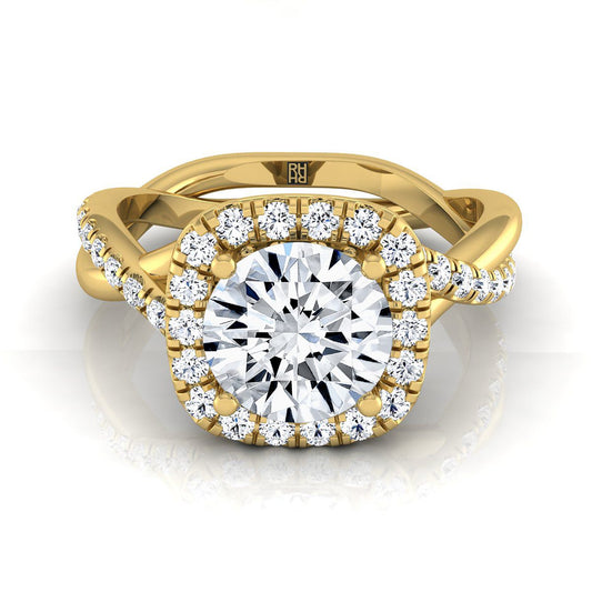 14K สีเหลืองทองรอบ Brilliant Diamond Twisted Scalloped Pavé Halo Center แหวนหมั้น -3/8ctw