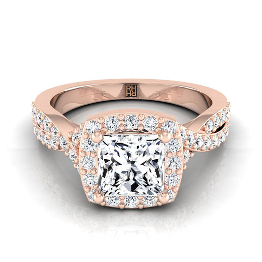 14K Rose Gold Princess Cut Diamond Twisted Scalloped Pavé Halo Center Engagement Ring -3/8ctw