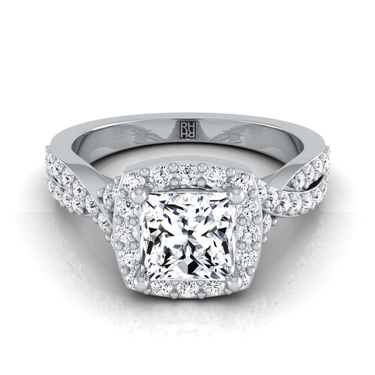 Platinum Princess Cut Diamond Twisted Scalloped Pavé Halo Center Engagement Ring -3/8ctw