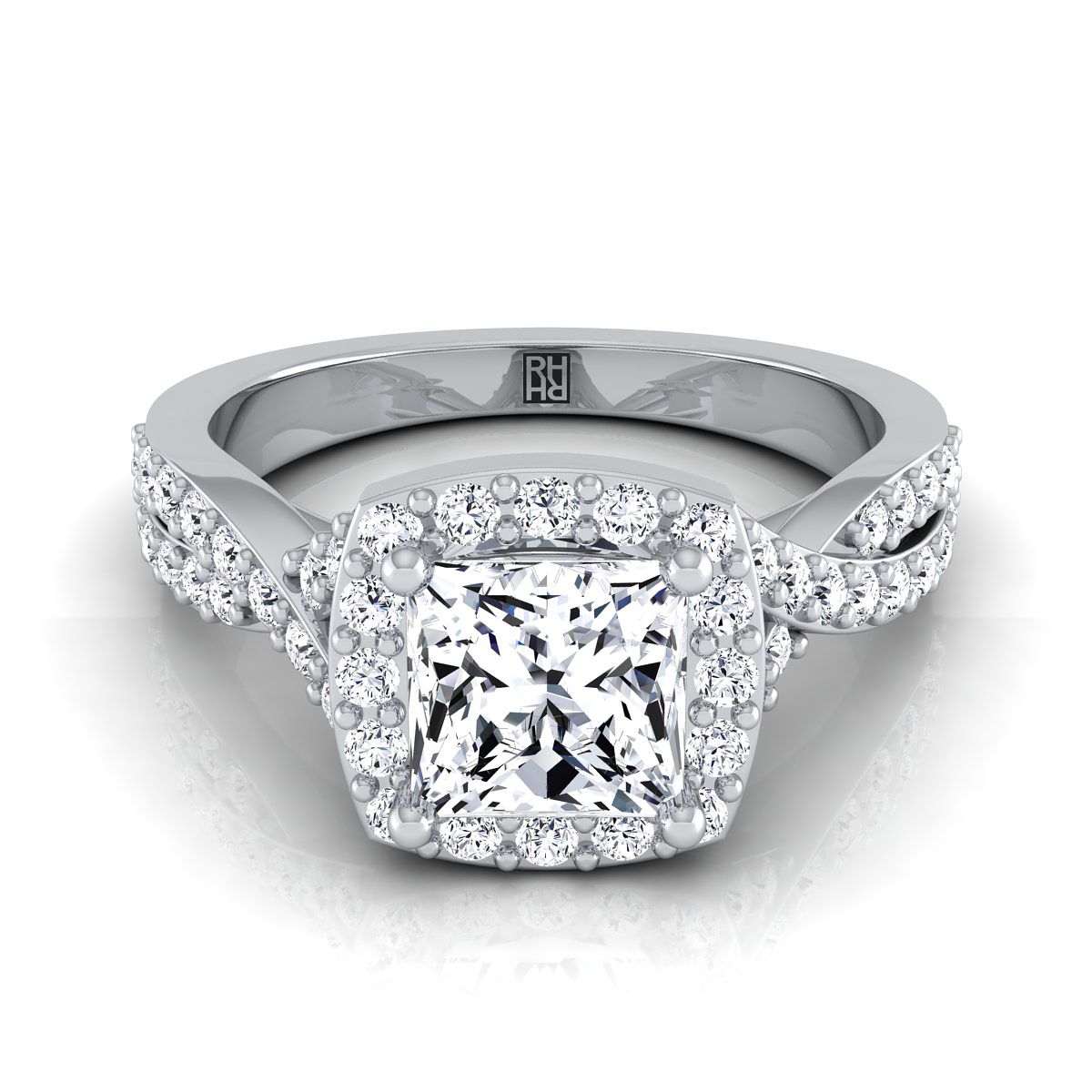 18K White Gold Princess Cut Diamond Twisted Scalloped Pavé Halo Center Engagement Ring -3/8ctw