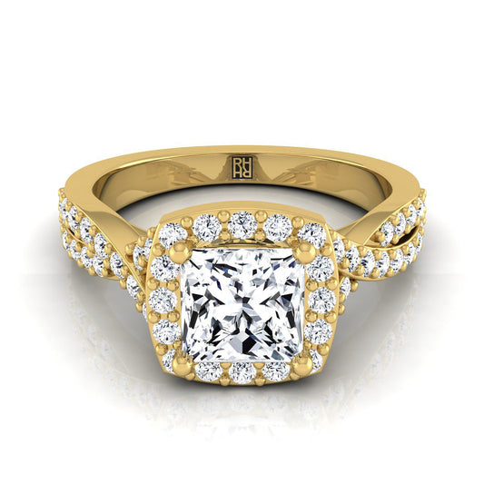 18K Yellow Gold Princess Cut Diamond Twisted Scalloped Pavé Halo Center Engagement Ring -3/8ctw