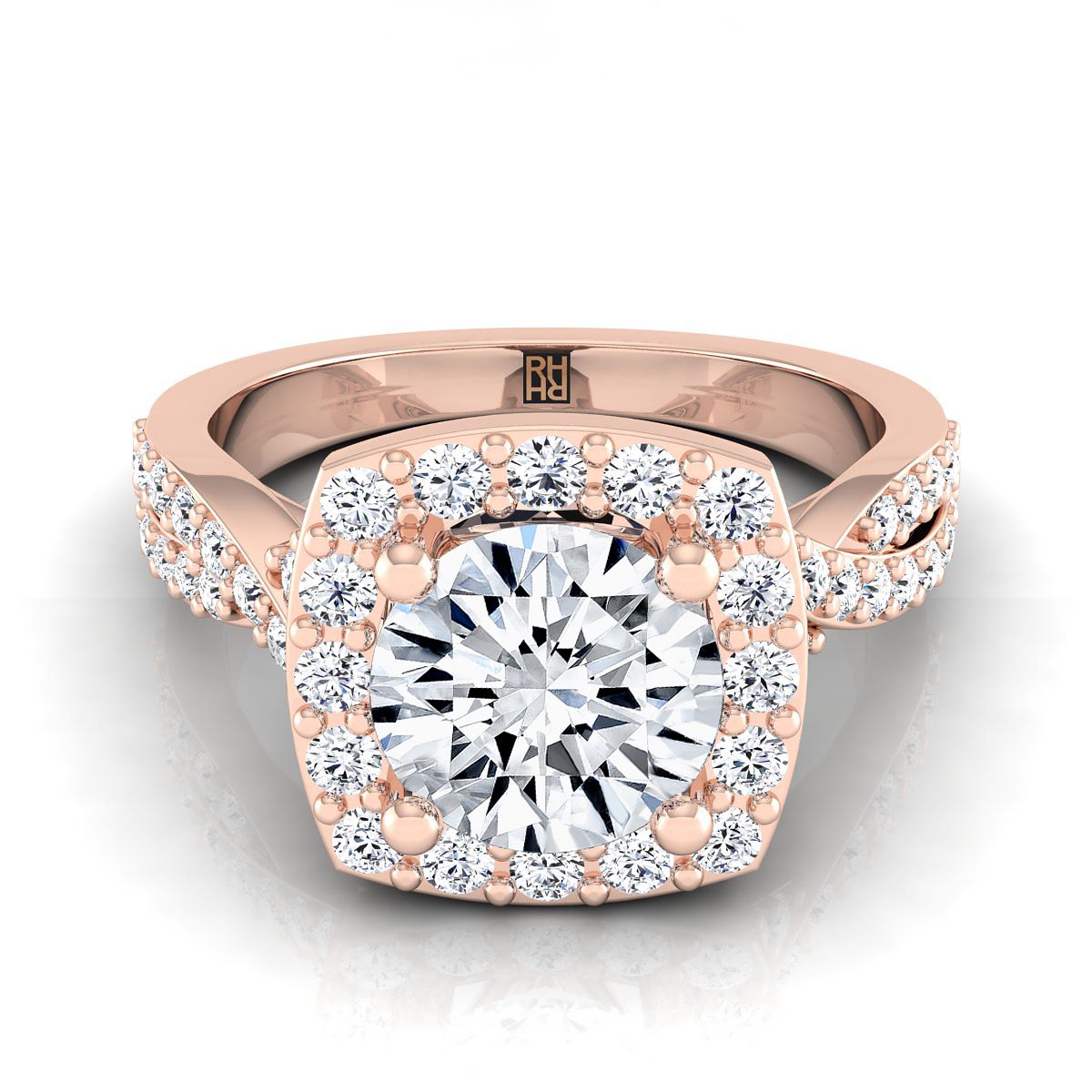 14K Rose Gold Round Brilliant Diamond Twisted Scalloped Pavé Halo Center แหวนหมั้น -3/8ctw