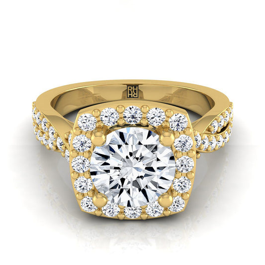 14K สีเหลืองทองรอบ Brilliant Diamond Twisted Scalloped Pavé Halo Center แหวนหมั้น -3/8ctw