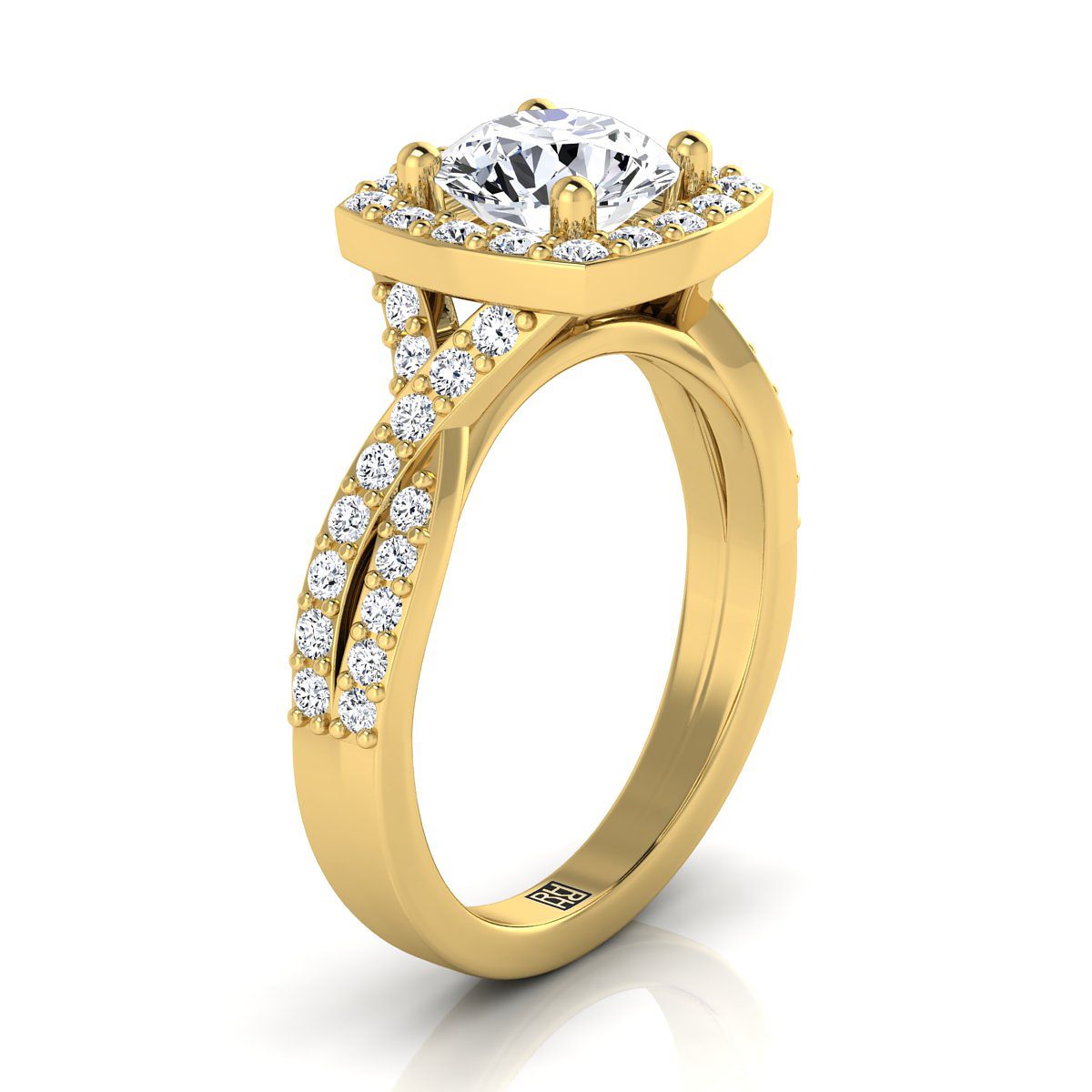 14K Yellow Gold Round Brilliant Diamond Twisted Scalloped Pavé Halo Center Engagement Ring -3/8ctw