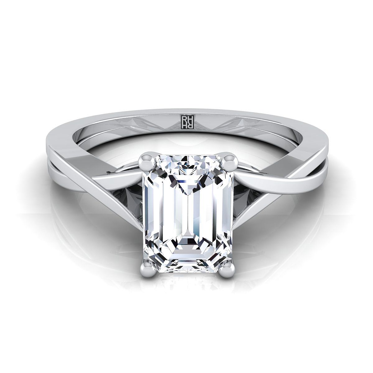 18K White Gold Emerald Cut Delicate Twist Solitaire Engagement Ring