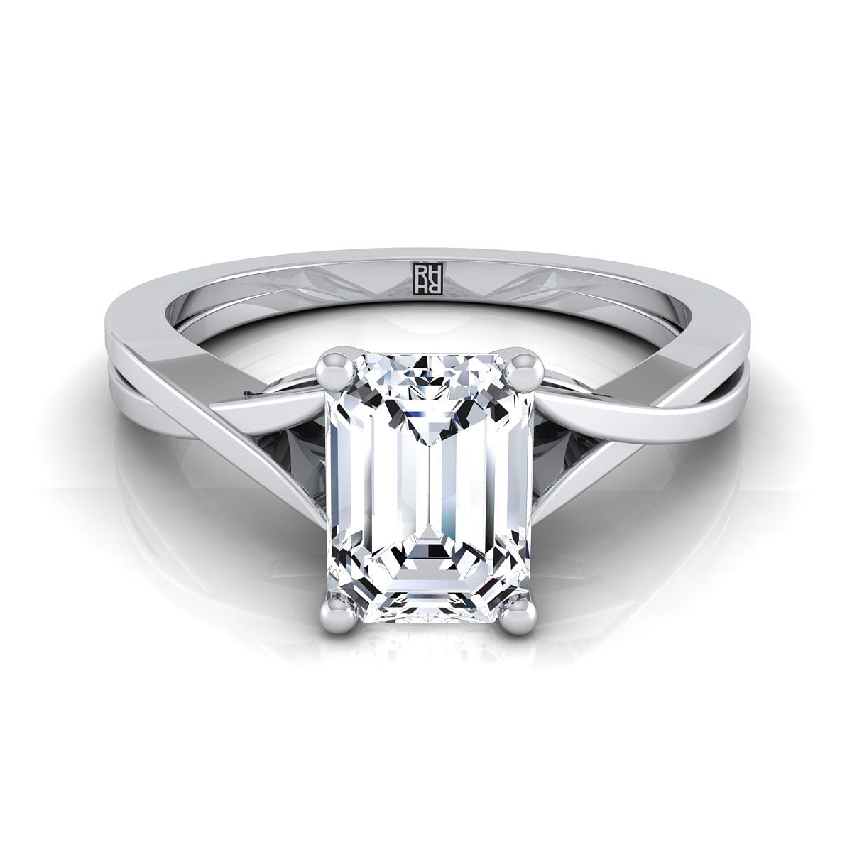 แหวนหมั้นเพชร 18K White Gold Emerald Cut Delicate Twist Solitaire